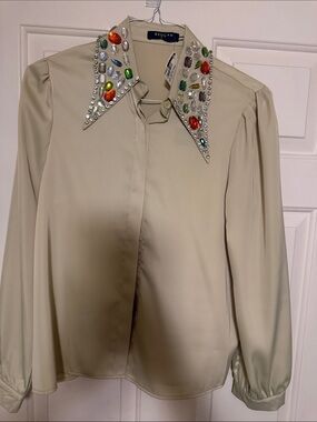 Beulah Cream Button-Down Blouse with Multicolored Jeweled Collar